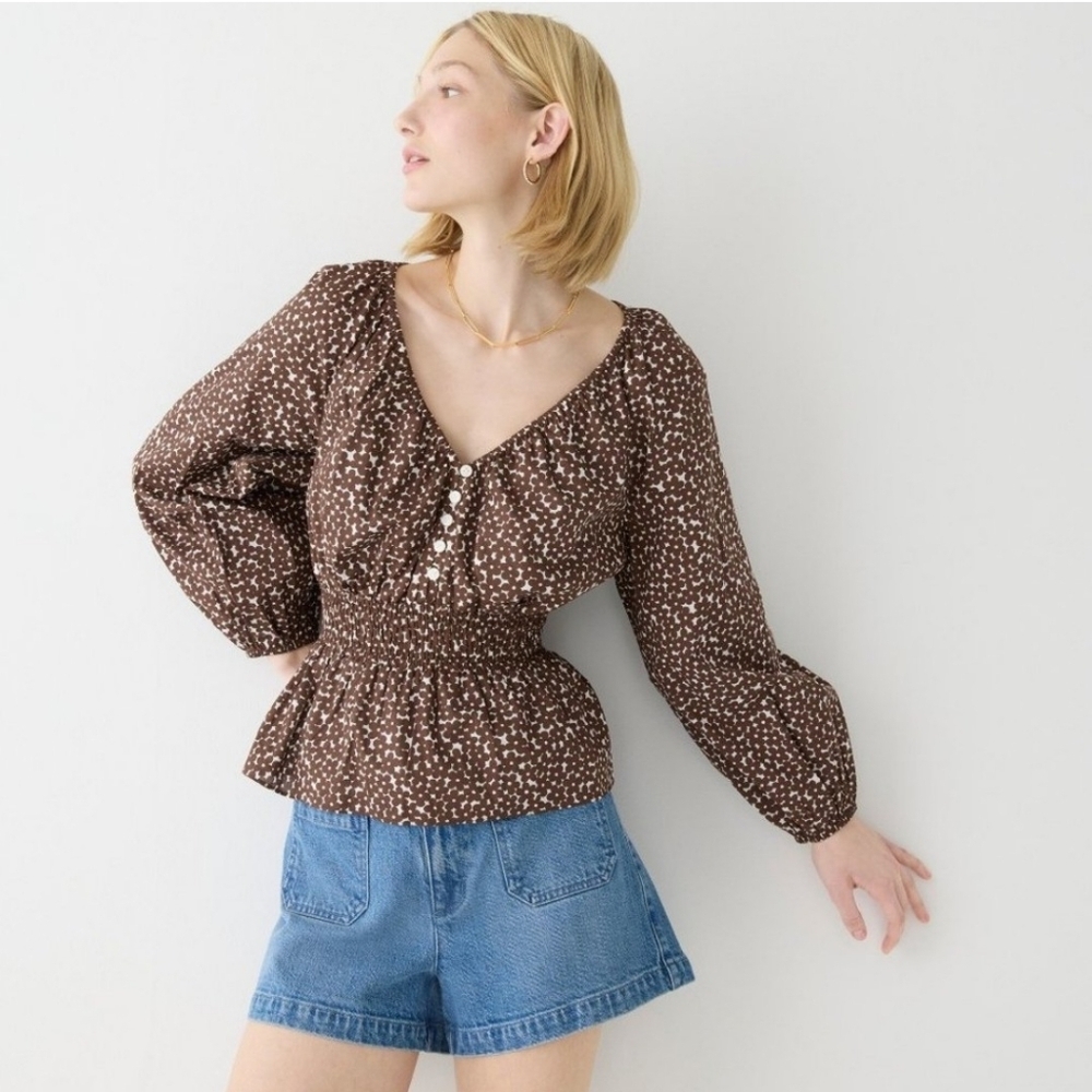 NEW J.Crew V Neckline Smocked Waist Top Peasant Bohemian Blouse Preppy Summer